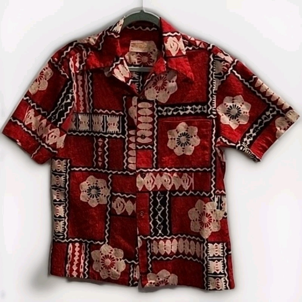 Vtg Ui Maikai Hawaiian Shirt Lrg Adult 42" Chest Button Red Black Beige Floral